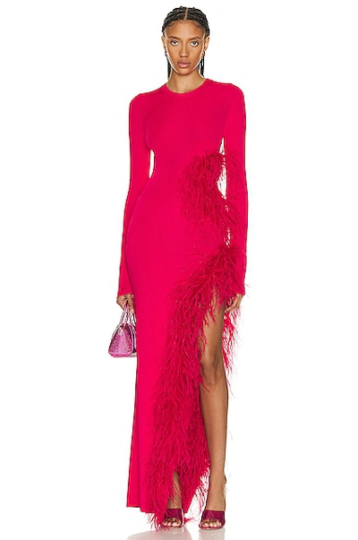 Lapointe Feather-trim Cutout Long-sleeve High Shine Viscose Maxi Dress In Red