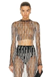 Lapointe Crystal Fringe Mesh Long-sleeve Top In Black