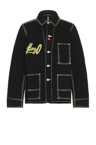 Kenzo Archive Logo Workwear Jacket In Rinse Black Denim