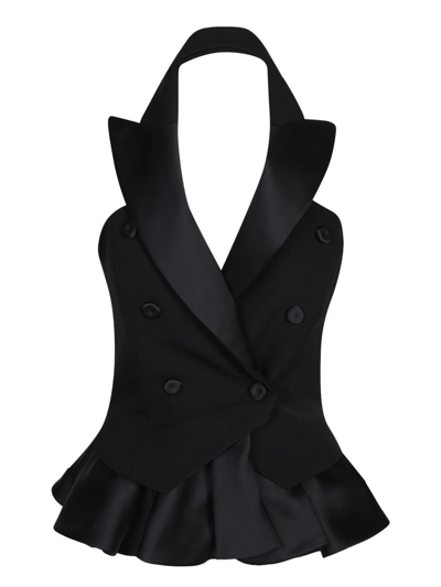 Moschino Double-breasted Ruffled Sleeveless Blazer Top In Fantasy Print Black