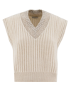 Brunello Cucinelli Ribbed Cashmere Waistcoat With Dazzling Neckline In Marmo
