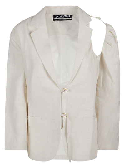 Jacquemus Linen Blazer Jacket With Off-shoulder Puff Sleeve In Off White