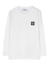 STONE ISLAND JUNIOR WHITE LONG-SLEEVED T-SHIRT WITH LOGO PATCH