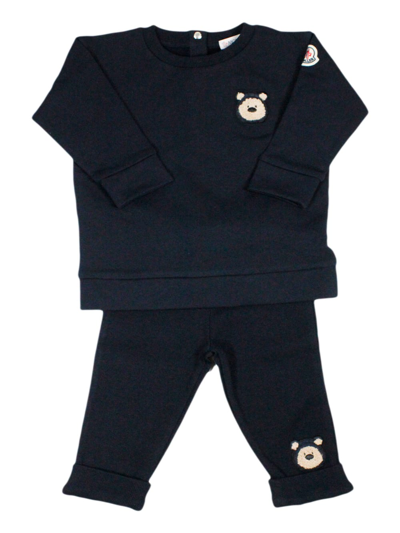 Moncler Kids' Set Consisting Of A Crewneck Sweatshirt With Back Buttons And Stretch Cotton Trousers And Front Logo In Blu