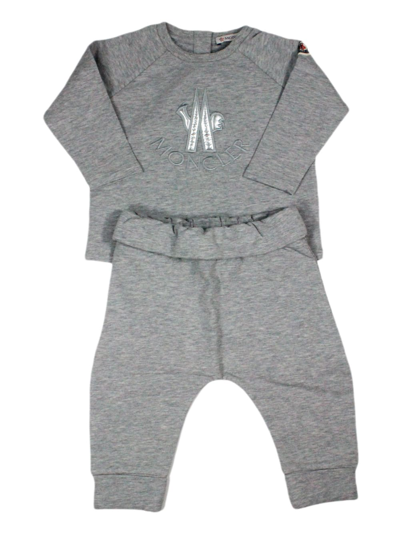 Moncler Kids' Set Consisting Of Crew-neck Sweatshirt With Back Buttons And Stretch Cotton Fleece Trousers And Fron In Grey