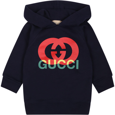 Gucci Kids' Hooded Sweatshirt With Logo Print In Blue