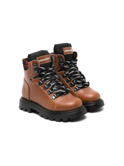 Dsquared2 Kids' Lace-up Leather Ankle Boots In Brown