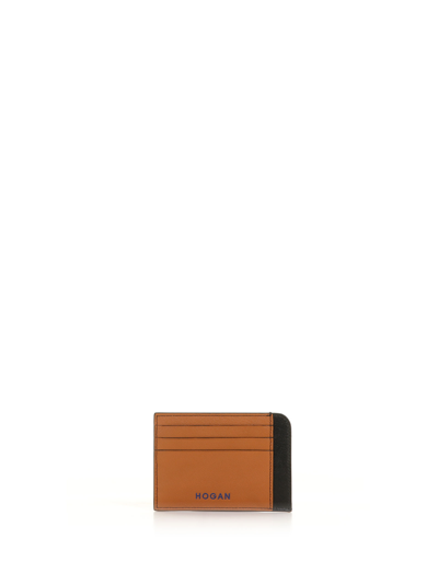 Hogan Leather Card Holder With Logo In Brandy Nero