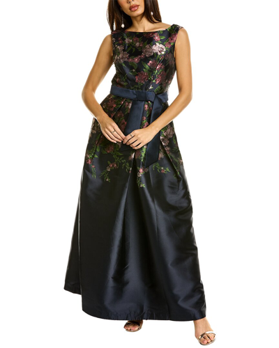 Kay Unger Lola Pleated Floral-print Twill Gown In Blue