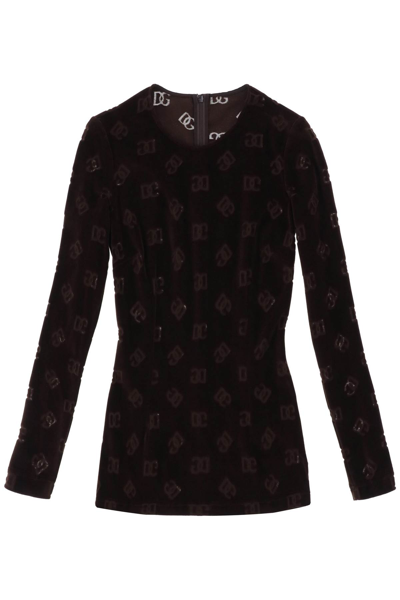 Dolce & Gabbana Long Sleeved Top In Monogram Chenille In Brown