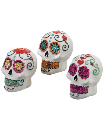 National Tree Company 3-piece 3" Day Of The Dead Skull Assortment Set In White