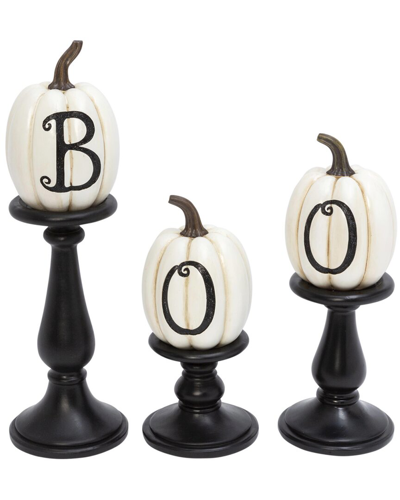 Gerson International Set Of 3 Resin/stone Lettered White Pumpkin Candleholders In Black
