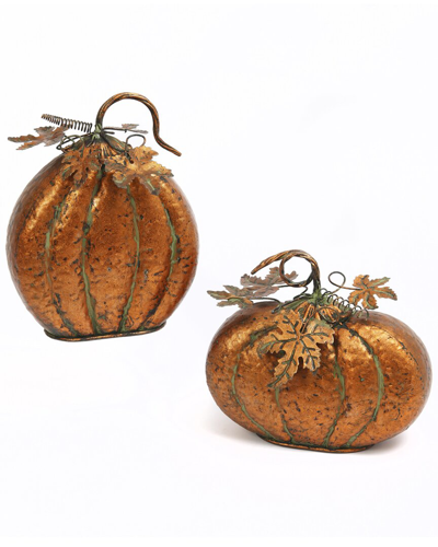 Gerson International Set Of 2 Assorted Metal Harvest Tabletop Pumpkins With Leaf Accents In Orange