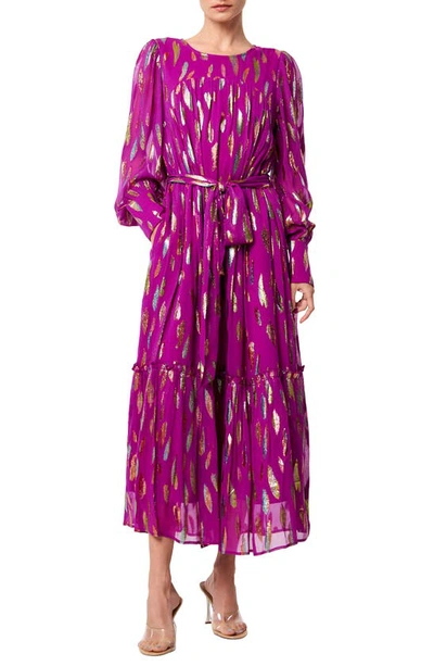 Ciebon Eryn Metallic Print Tie Waist Long Sleeve Maxi Dress In Magenta