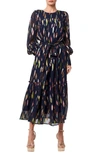 Ciebon Eryn Metallic Print Tie Waist Long Sleeve Maxi Dress In Navy