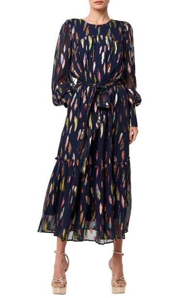 Ciebon Eryn Metallic Print Tie Waist Long Sleeve Maxi Dress In Navy