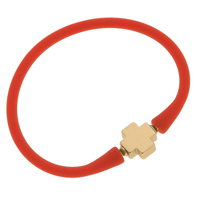 Canvas Style Bali 24k Gold Plated Cross Bead Silicone Bracelet In Orange
