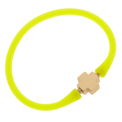 Canvas Style Bali 24k Gold Plated Cross Bead Silicone Bracelet In Neon Yellow