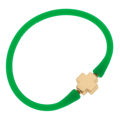 Canvas Style Bali 24k Gold Plated Cross Bead Silicone Bracelet In Green