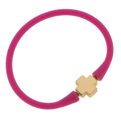 Canvas Style Bali 24k Gold Plated Cross Bead Silicone Bracelet In Magenta In Pink