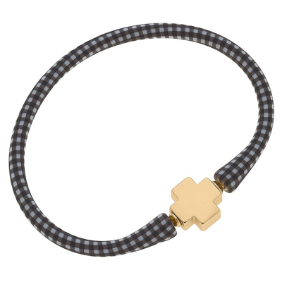 Canvas Style Bali 24k Gold Plated Cross Bead Silicone Bracelet In Black Gingham