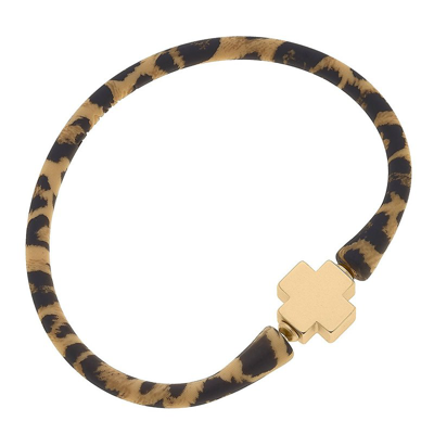 Canvas Style Bali 24k Gold Plated Cross Bead Silicone Bracelet In Leopard In Brown