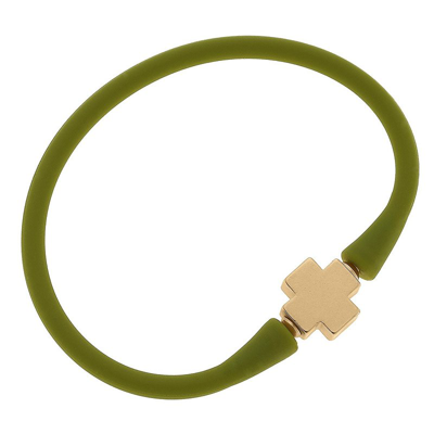 Canvas Style Bali 24k Gold Plated Cross Bead Silicone Bracelet In Peridot In Green