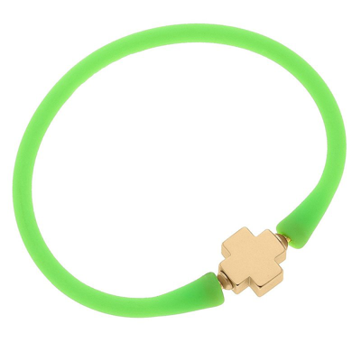 Canvas Style Bali 24k Gold Plated Cross Bead Silicone Bracelet In Neon Green