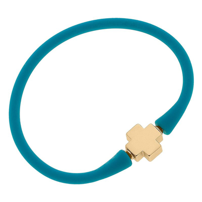 Canvas Style Bali 24k Gold Plated Cross Bead Silicone Bracelet In Teal In Blue