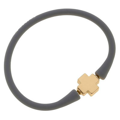 Canvas Style Bali 24k Gold Plated Cross Bead Silicone Bracelet In Steel Grey In Green