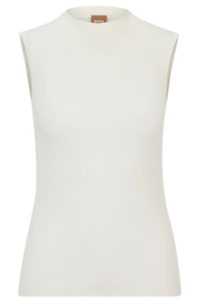 Hugo Boss Sleeveless Mock-neck Top With Ribbed Structure In White