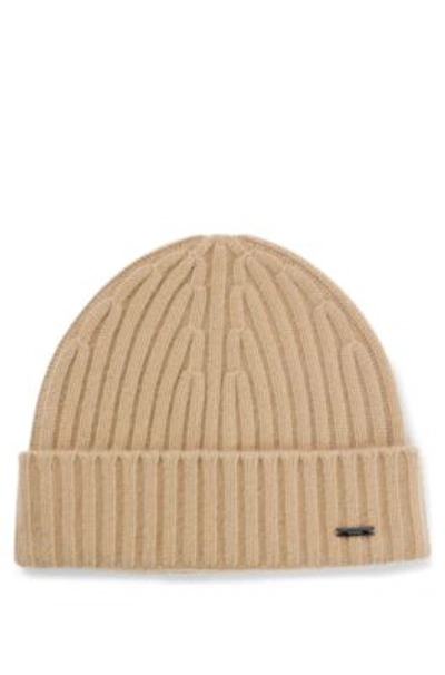 Hugo Boss Ribbed Beanie Hat In Cashmere In Beige