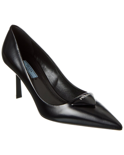 Prada Logo Leather Pointy-toe Pump In Black