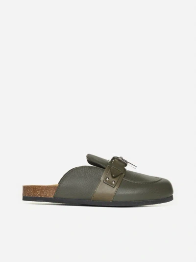Jw Anderson Padlock Loafer Leather Mules In Khaki