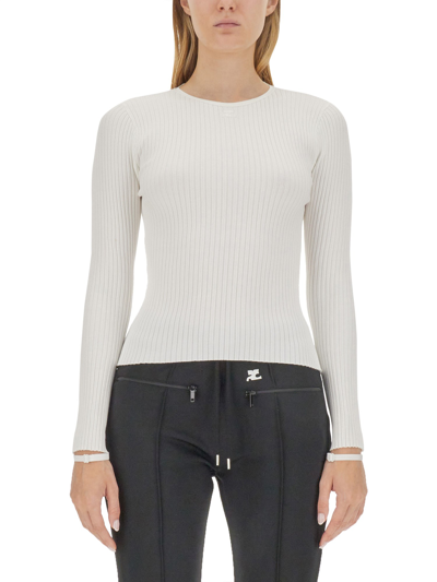 Courrèges Ribbed-knit Long-sleeve Top In White