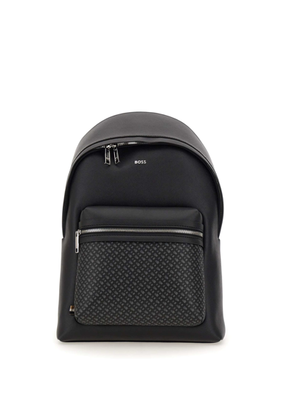 boss leather backpack Lady Laptop shine silver zip entry pocket HUGO BOSS Black Nylon Leather