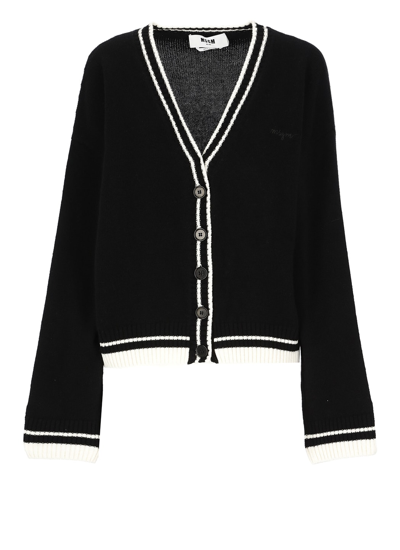 Msgm Striped-edge Wool-cashmere Cardigan In Black