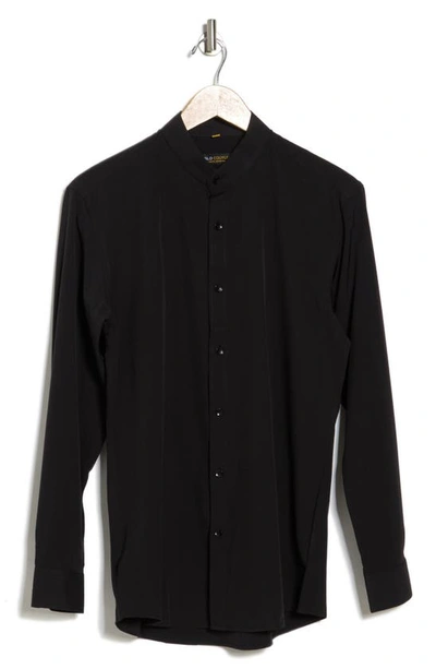 Suslo Couture Men's Slim Fit Solid Performance Collarless Button Down Shirt In Black