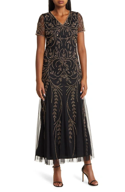 Pisarro Nights Beaded Mesh Gown In Black/ Gold