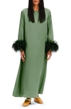 Sleeper Suxi Feather Trim Maxi Nightgown In Green