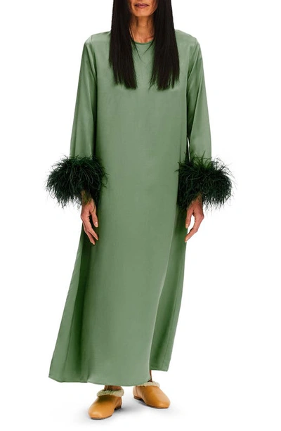 Sleeper Suxi Feather Trim Maxi Nightgown In Green