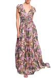 Ciebon Jennsen Ruched Flutter Sleeve Maxi Dress In Purple