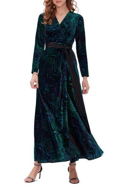 Diane Von Furstenberg Jareth Tiger Print Long Sleeve Velvet Wrap Maxi Dress In Dark Green