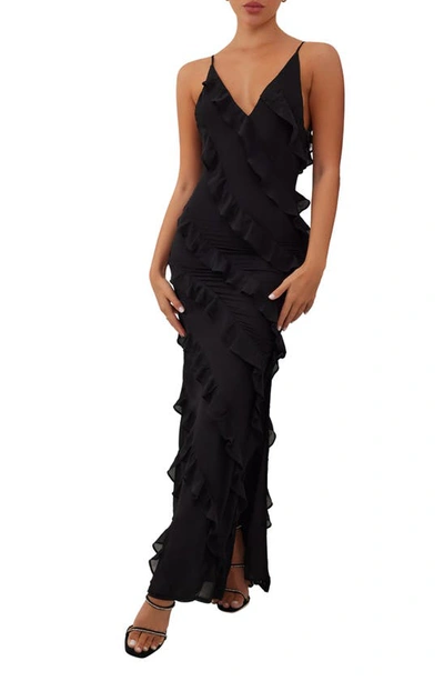 Heiress Beverly Hills Ruffle Chiffon Maxi Dress In Black