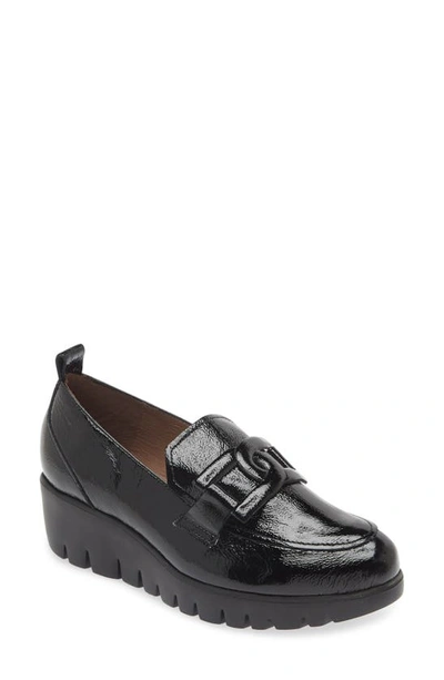 Wonders Lug Platform Wedge Loafer In Textured Black Patent