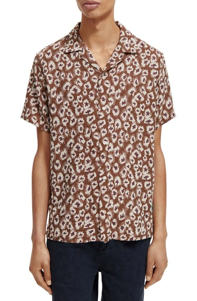 Scotch & Soda Slim Fit Hawaii Jacquard Short Sleeve Camp Shirt In 6468-taupe Animal