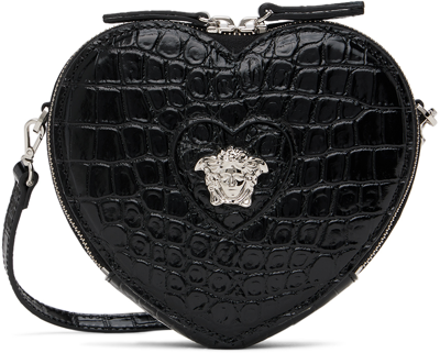 Versace Kids' Heart Croc Embossed Leather Shoulder Bag In Black