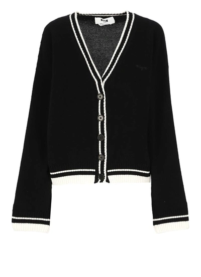 Msgm Striped-edge Wool-cashmere Cardigan In Black