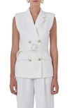 Endless Rose Shoulder Pad Belted Sleeveless Double Breasted Blazer In Ivory