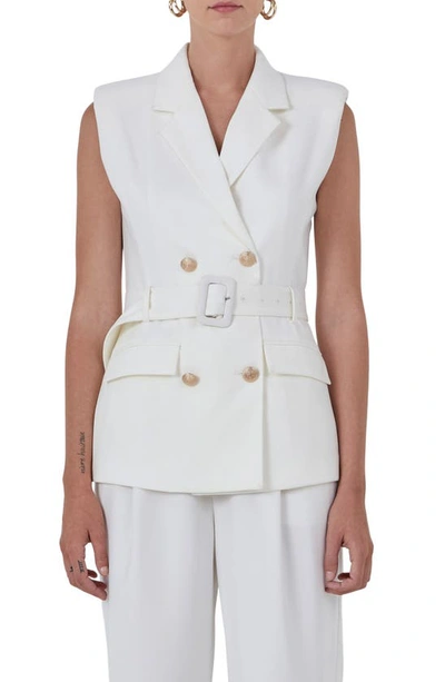 Endless Rose Shoulder Pad Belted Sleeveless Double Breasted Blazer In Ivory